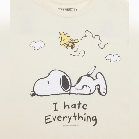Riot Society Peanuts Snoopy & Woodstock I Hate Everything Shirt Boyfriend Fit SM - Picture 5 of 6